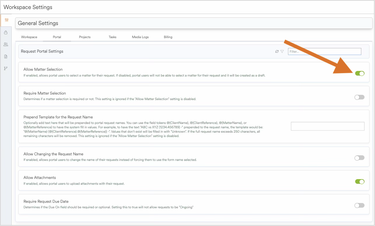 Settings for request portal, including options for matter selection and request name changes.